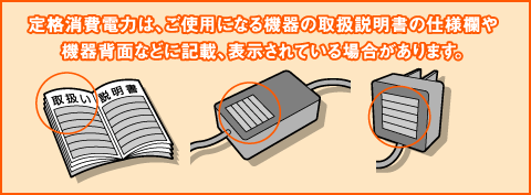 定格消費電力は、使用機器の取扱説明書の仕様欄や、製品背面などに記載、表示されています。